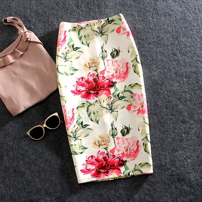 Women Skirts Summer Print Flowers Pencil Skirt Casual