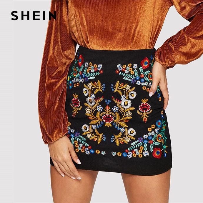 SHEIN Black Botanical Embroidered Textured Skirt Casual